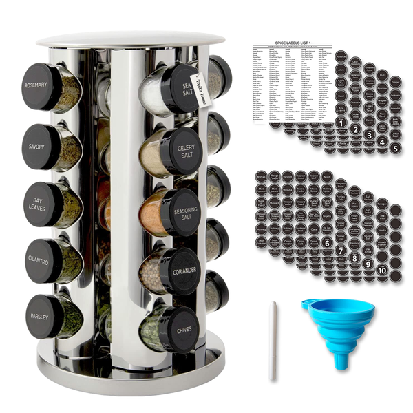 Topika - Stainless Steel Rotating Spice Rack with 20 Glass Jars &amp; Label Set
