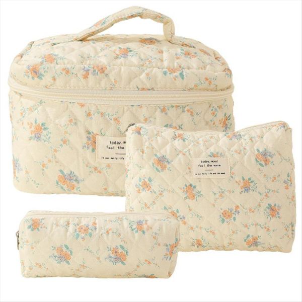 Makeup Cosmetic Bag 3 Piece Cotton Quilted Makeup Bag for Women B