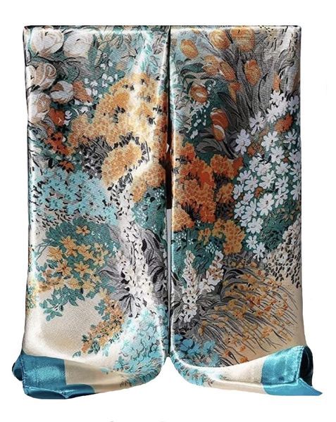 Lady's Satin Silk Scarf with Various Flowers - Blue/Gold