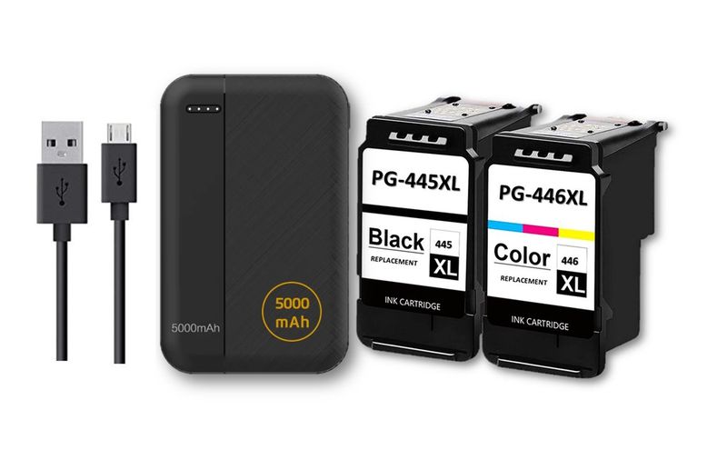 Ink Cartridge Compatible with Canon 445XL-446XL &amp; Powerbank 5000mah (18.5Wh) Ultra Slim-Combo