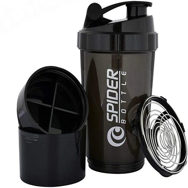 Protein Shaker and Drinking Bottle With Supplement &amp; Pill Holder - Full Black