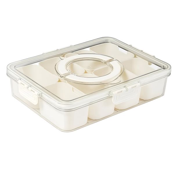 8 Compartment Plastic Snack Serving Tray with Handle and Lid - White