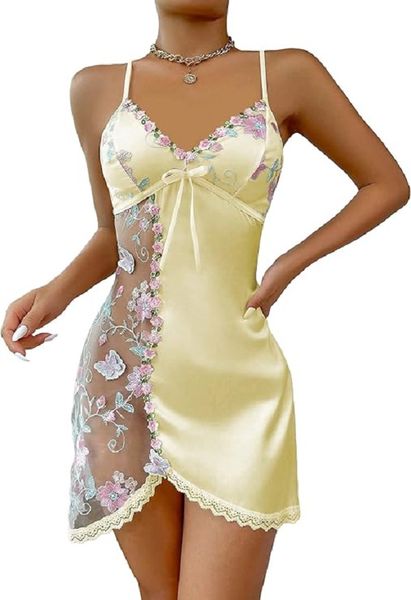 Women's Satin Lace Trim Nightdress with Floral Mesh Panel- L