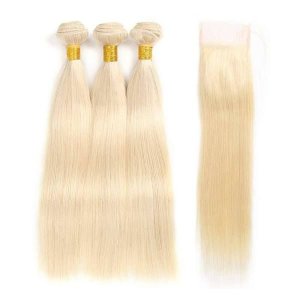 Platinum Blonde 16inches Straight Brazilian Virgin Hair 3 Bundles + Closure