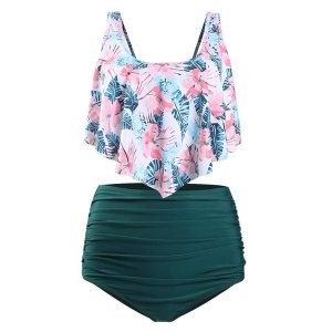 Olive Tree - Ladies Top Ruffled High Waist Tummy Control Swimsuit - Green