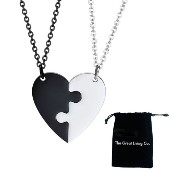 Puzzle Heart Necklace for Couples-Matching Half-Heart Pendants in Lux Bag