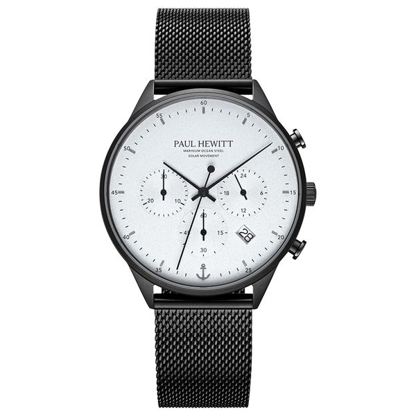 Paul Hewitt Mens Chrono 42mm Solar Watch Black Mesh Strap White Dial