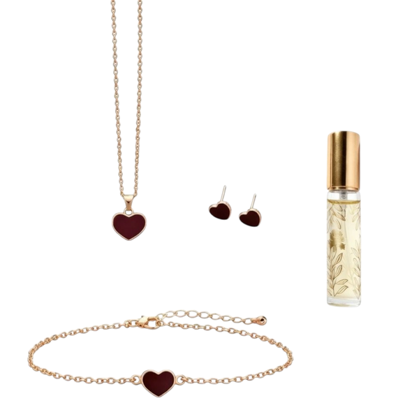 Gold Heart Jewelry Set - Necklace, Bracelet and Stud Earrings