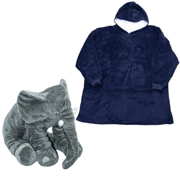 Blue Huggle Hoodie Blanket With Plush Grey Stuffed Elephant Set