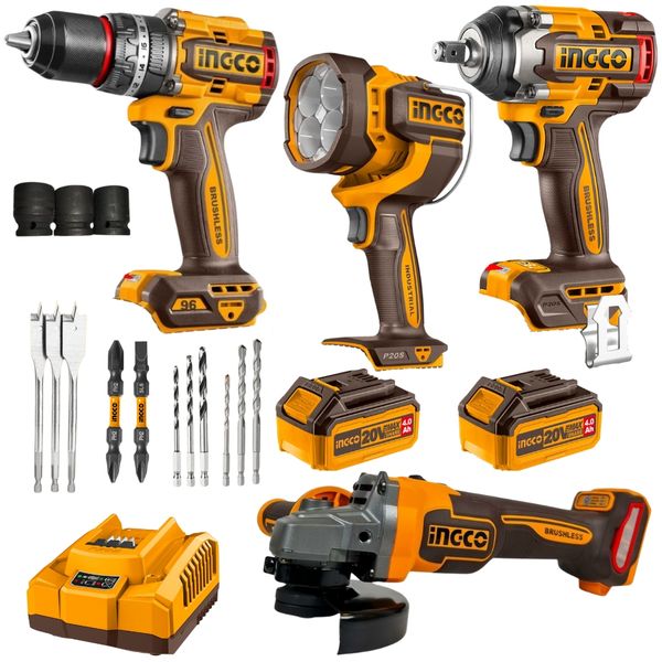 Ingco - Cordless Impact Drill 96Nm, Wrench, Grinder and Work Lamp Combo Kit
