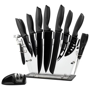 11 Pcs Stainless Steel Kitchen Knife &amp; Tool Set with Acrylic Holder - Black