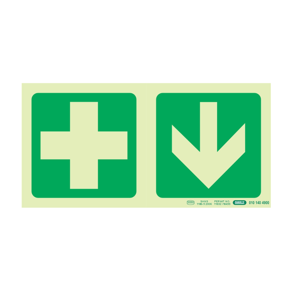 Parrot Photoluminescent Safety Sign - E7A Green Cross + Arrow Down (19cm)