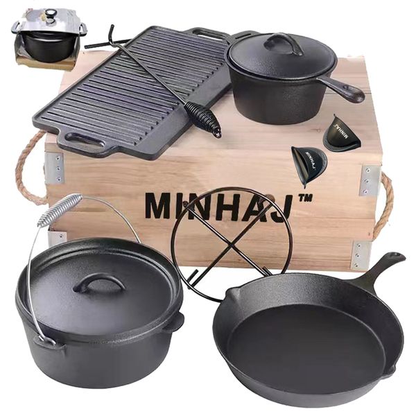 Minhaj - Pre-Seasoned 7 Piece Heavy Duty Cast Iron Dutch Potset