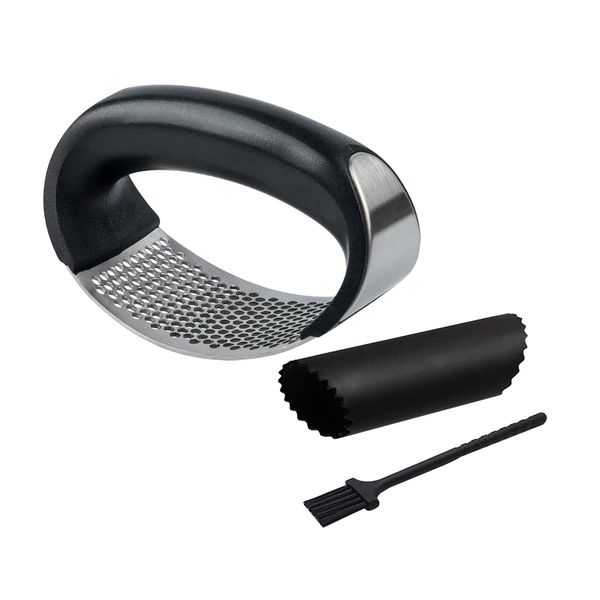 Kitchen Stainless Steel Garlic Press With Silicone Peeler &amp; Cleaning Brush