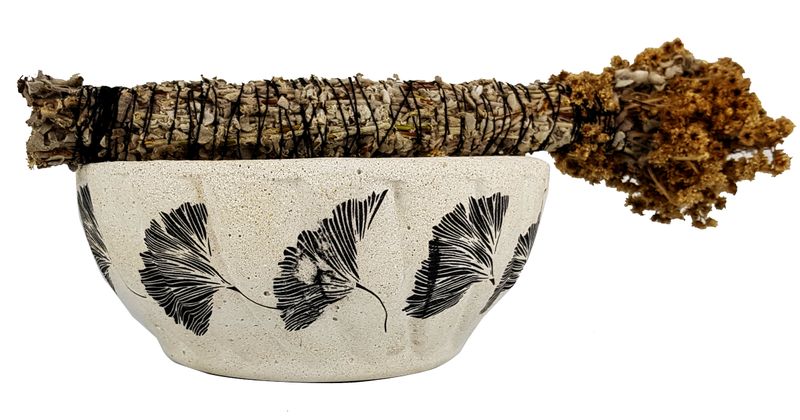 Patterned Cement Smudge Bowl &amp; Imphepo Smudge Wand - Grey