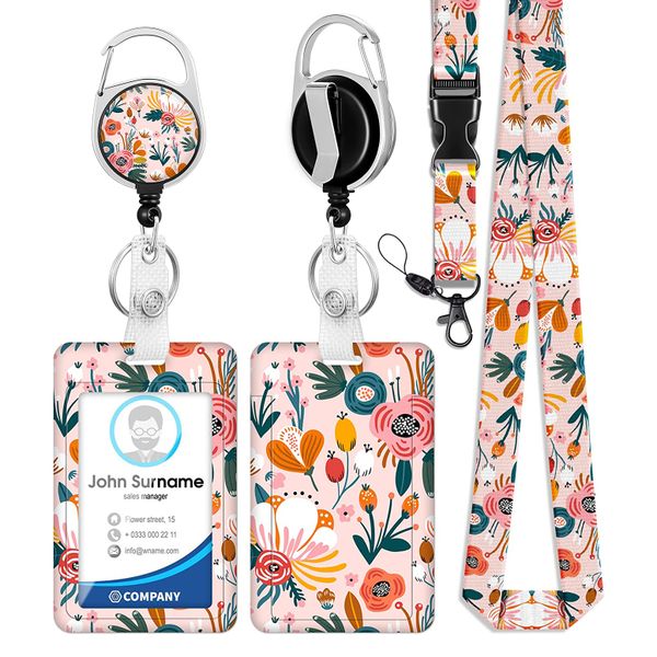 Retro Blossoms Floral ID Badge Holder with Lanyard &amp; Retractable Reel Clip