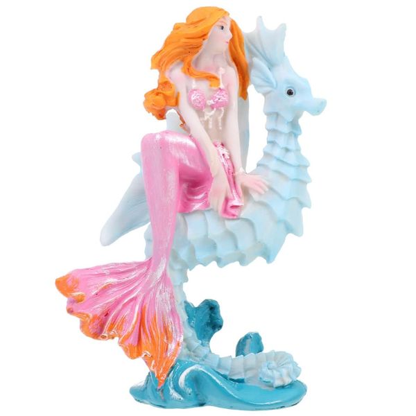 Mermaid &amp; Seahorse Resin Aquarium Ornament (13cm) -Pink &amp; Blue