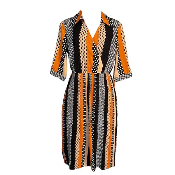 V-Neck Pattern Dress- Black&amp; Orange Elastic Waistband