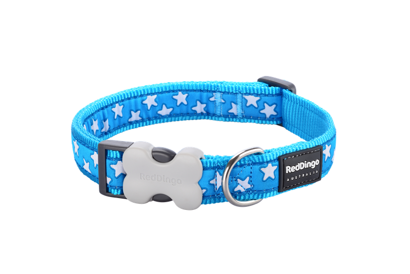 Red Dingo Design Collar - Stars White on Turquoise - Blue XS