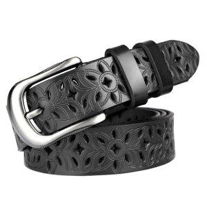 Women Leather Flower Carved Pin Styles Metal Buckle Waist Belt-Black