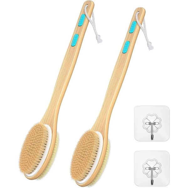 Shower brush pack of 2 dual sided soft stiff bristles 17 inch wooden handle