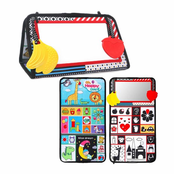 Tummy Time Floor Mirror with Soft Montessori Sensory Crinkle Books Toys