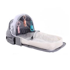 Portable Folding Baby Bed With Mosquito Net &amp; Rattle Toys - Grey