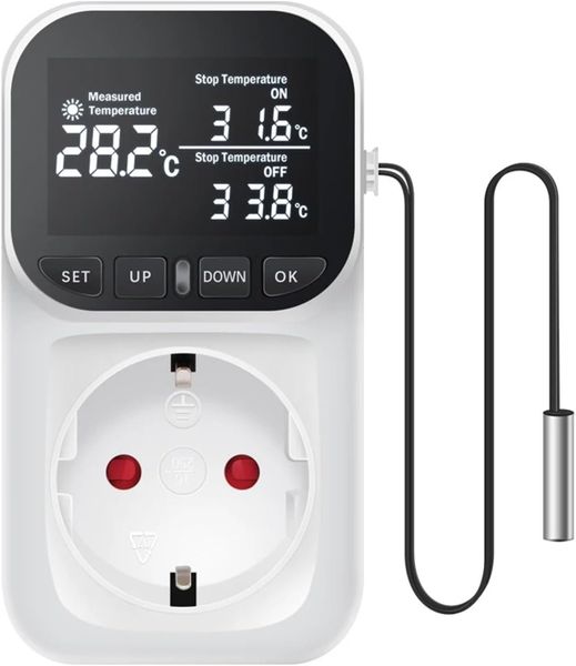 White Thermometer with Timer Switch Sensor Probe Heating Cooling Switch
