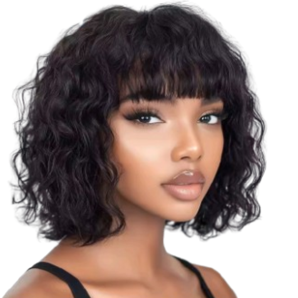 Brazilian Hair Curly Fringe Wig, Black Loose Curly Fringe Wig