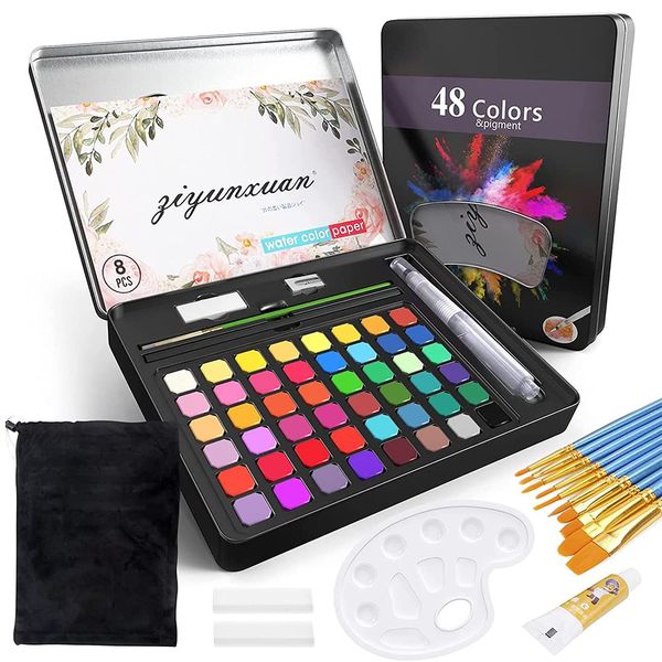 48 Colors Watercolor Paints Set with Paint Brush Set