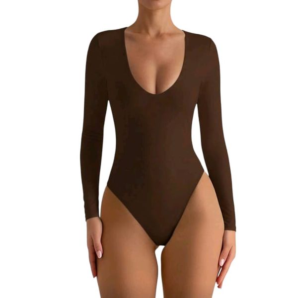 GlammeFab V-Neck Fitted Long Sleeved Bodysuit Top Brown