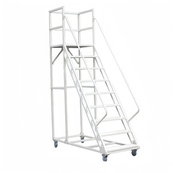 Steel 9 Step Mobile Rolling Safety Ladder with Wheels - Light Grey