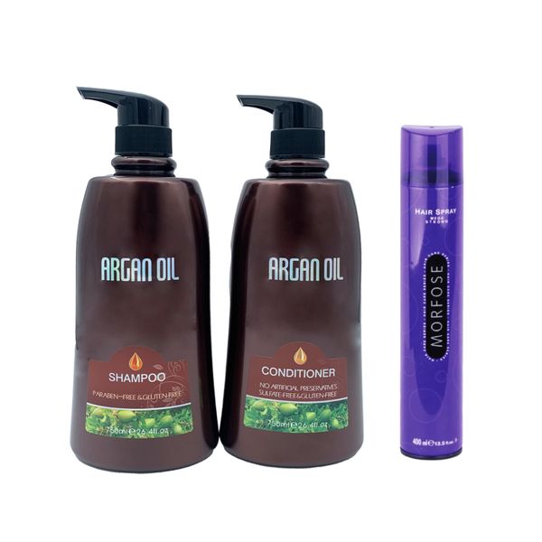 Moroccan Argan Oil Shampoo &amp; Conditoner 750ml + Hair Spray Mega Strong