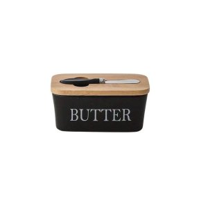 Butter Dish with Wooden Lid and Knife - Ceramic Butter Container