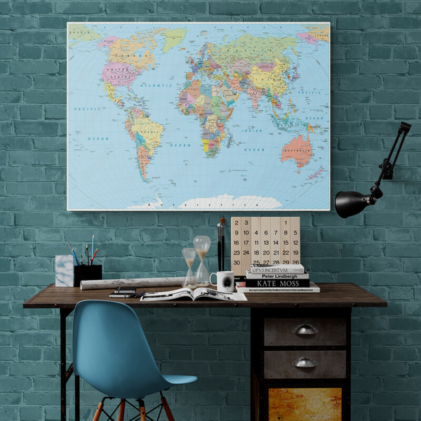 Canvas Wall Art - Colored World Map - Borders, Countries, Roads and Cities