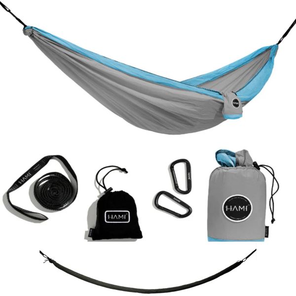 HAMI Portable Hammock 3m x 1.8m - 100% Recycled, Sea Mist + Cocoon (3m)