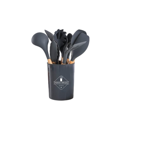Black Silicone Spoon set wooden handle cooking shovel 12 piece cooking set