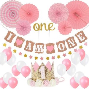 First Birthday I am One - Balloon Crown Banner DIY Decoration - Pink &amp; Gold