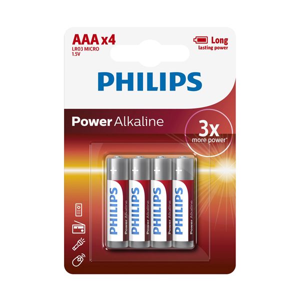Philips - Power Alkaline LR03 AAA Batteries 1.5V 4 Pack