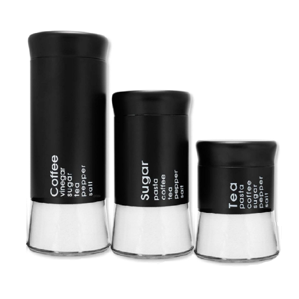Set of 3 Sugar, Tea, and Coffee Round Glass Jar Container Stainless Steel