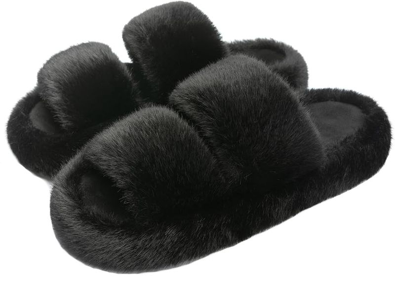Women Fur Slippers House Shoes Furry Bedroom Indoor Open Toe Two Bands