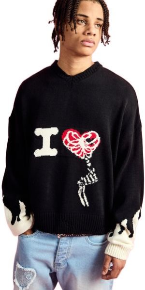 boohooMAN - Men's Boxy Drop Shoulder V Neck Graphic Lover Jumper - Black