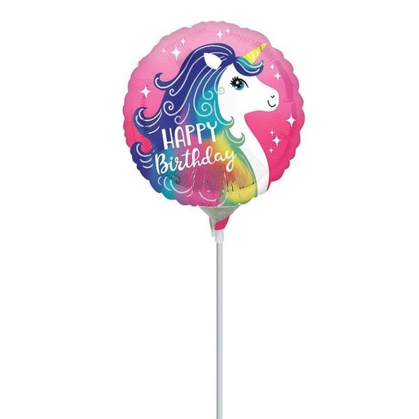 Unicorn Happy Birthday Pink Mini Shape Foil Balloon on a Stick (9 Inch)