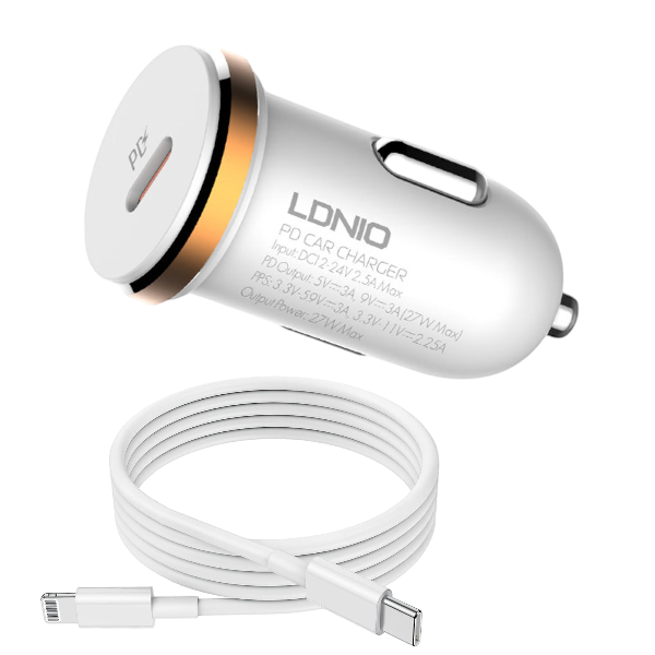 LDNIO - C22Q - USBC-Port Car Charger With Type-C to iPhone Cable - White