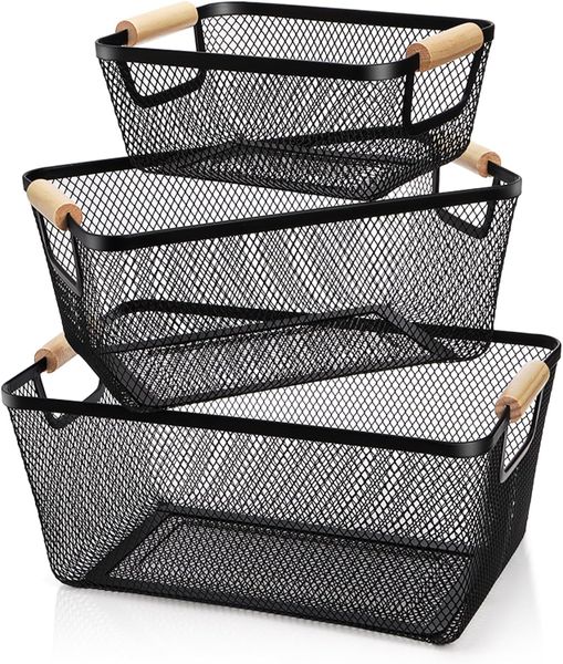 3 Pack Metal Mesh Basket with Wooden Handle