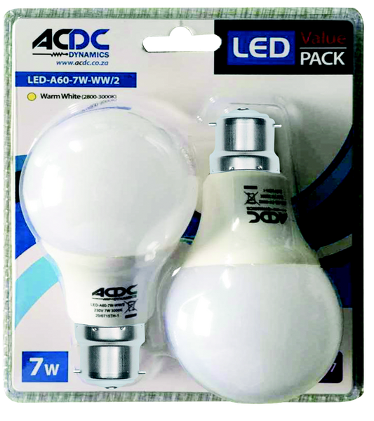 110-240VAC 7W Cool White A60 B22 LED Lamp / 2 Per Pack