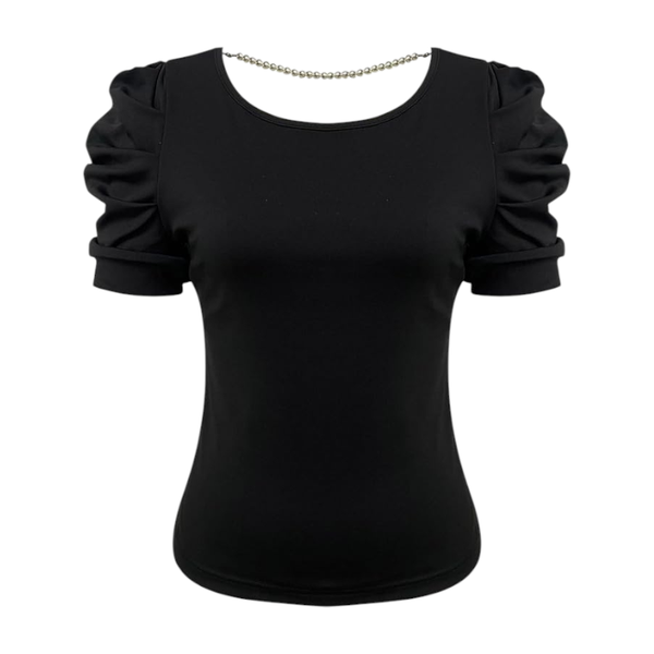 Womens Bubble Short-Sleeved Top with Back Bow - Black