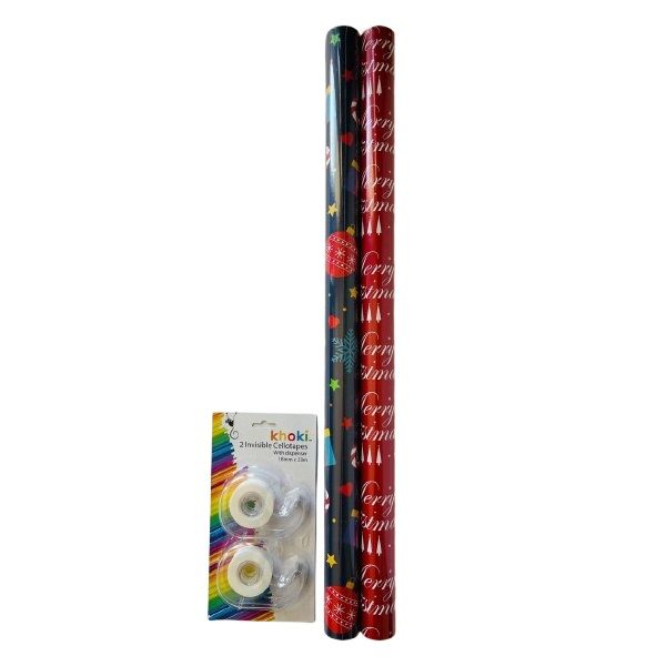 Christmas Gift Wrapping Paper 10m x 70cm (2 Rolls) &amp; 2 Cellotapes