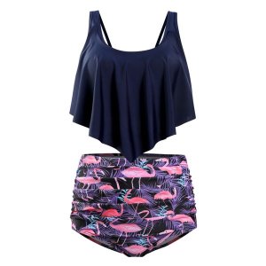 Olive Tree - Ladies Top Ruffled High Waist Tummy Control Swimsuit - Navy