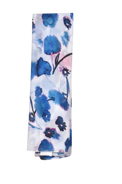 White Rectangular Chiffon Scarf with Brushed Blue Flower Design